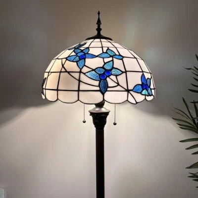 Tiffany Style Floor Lamp White Stained Glass Flowers Metal Base 64"H*16"W*16"D - Image 1 of 4