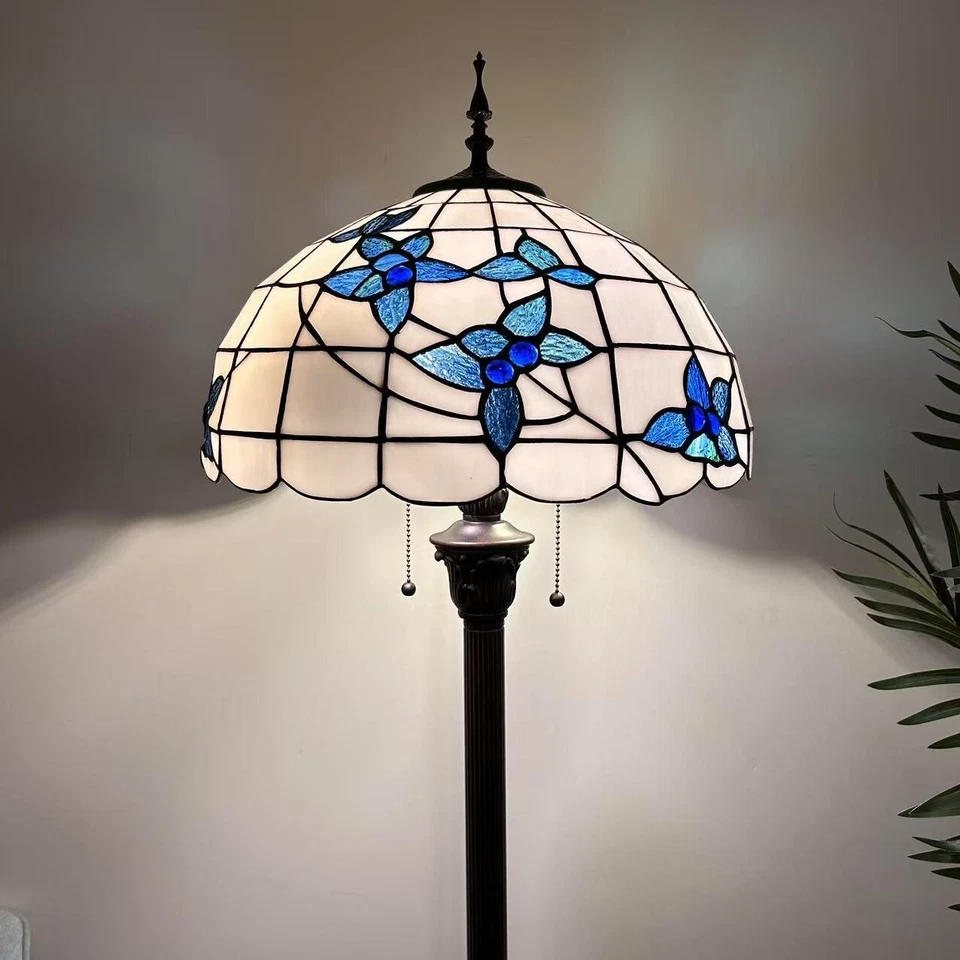 Tiffany Style Floor Lamp White Stained Glass Flowers Metal Base 64"H*16"W*16"D - Image 1 of 4