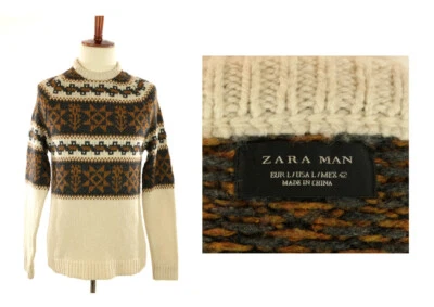 ZARA MAN Mens L Knit Crewneck Pullover Sweater Aztec Design Alpaca Acrylic Blend - Image 1 of 4