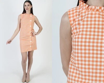 Vtg Short Gingham Print Dress Button Up Sleeveless Sundress Picnic Mini Length - Image 1 of 4