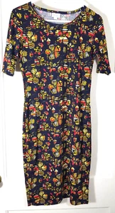 Vestido LuLaRoe Julia Amarillo Azul Rojo Negro Geométrico Floral Ajustado Mangas al Codo - Imagen 1 de 7