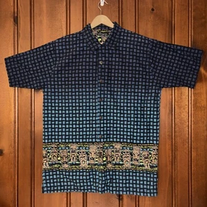 Camicia hawaiana vintage anni 90 senza confini uomo grande blu ombretto neon azteco tiki AOP - Foto 1 di 8