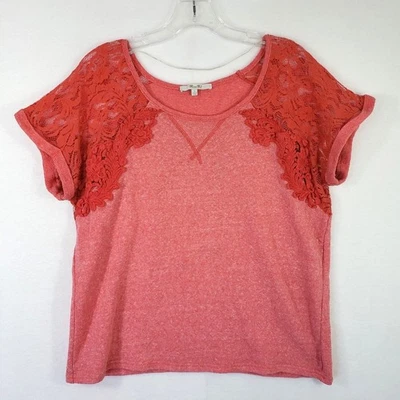 Miss Me Womens Large Pink Lace Sleeve Top Casual Short Sleeve Shirt Crochet Boho - Image 1 of 4