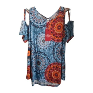 Anyjoin Women's Short Sleeve Cold Shoulder Pullover Tunic Geometric Sz XL Multi  - Picture 1 of 7