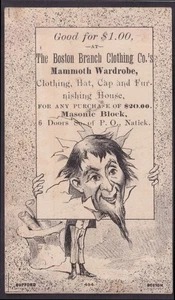 Boston Branch Clothing Mammoth Wardrobe Natick MA bearded head thru trade card - Picture 1 of 1