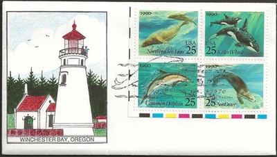 US SC#2508-2511 Creatures of the Sea 1990 Winchester Bay OR - Umpqua Lighthouse - Image 1 of 2