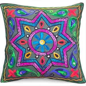Boho Star Embroidered Cushion Cover | Handmade Indian Pillow Case 16x16 - Picture 1 of 6