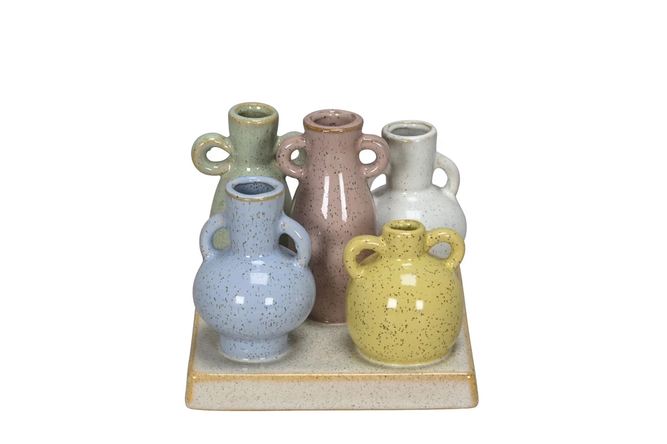 Keramik Vasen Set 5-teilig auf rechteckiger Platte – Mini Deko Vasen in Pastell - Bild 1 von 1