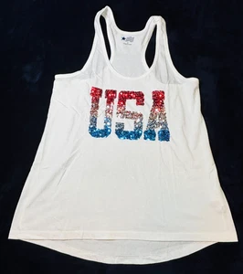 Canotta donna Racerback bianca vestibilità ampia taglia small sequenza USA logo scintillante - Foto 1 di 8