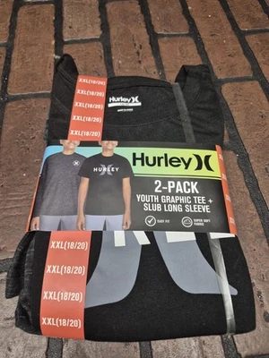 Hurley 2 Pack Boys Teens Graphic Tee & Slub Long Sleeve Size XXL 18/20 NWT  - Image 1 of 2