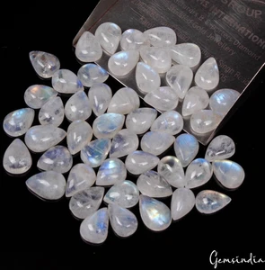 50 Pcs Natural Rainbow Moonstone 9-11mm Pear Blue Shines Cabochon Gemstones Lot - Picture 1 of 4