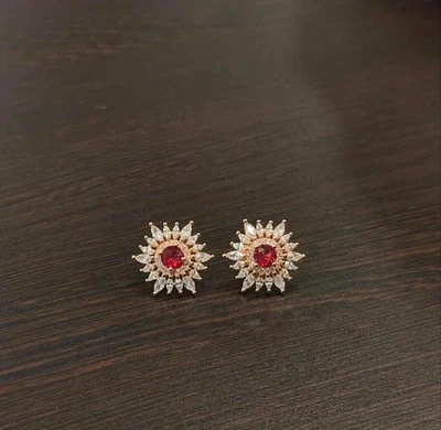 14k Yellow Gold Plated 2Ct Round Cut Lab Created Red Ruby Women's Stud Earrings - Image 1 of 4