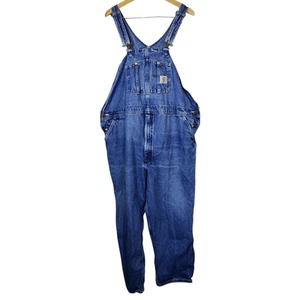 Vintage Carhartt Blue Denim Overalls Bibs 48 x 28 Outdoor Work Wear - Picture 1 of 15