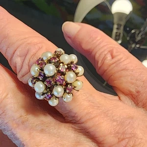 VINTAGE Cocktail Ring with  Natural Rubies and Pearls in 14K Gold (50+ years) - Picture 1 of 3