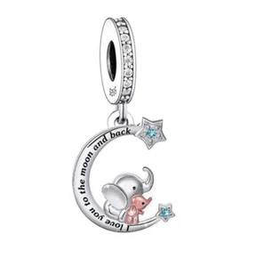 Sterling Silver 925 I Love You To The Moon And Back Elephant Mum Daughter Charm - Picture 1 of 1