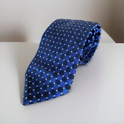 Vintage Via Veneto Blue Black Silver Geometric Pattern Silk Neck Tie Italy - Image 1 of 4