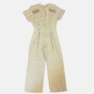 Vintage Cache Beige Wide Leg Jumpsuit Embellished Tassel Beaded USA Size 4 - Image 1 of 4