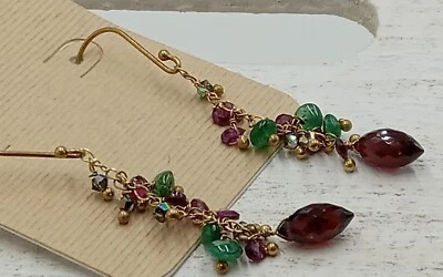 14K Gold-Filled Dangle Chain Earrings with Garnet, Emerald, Amethyst and Crystal - Image 1 of 4