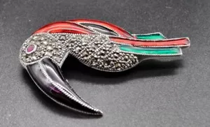 DE COLECCIÓN PLATA ESTERLINA PIEDRAS MARCASITA ESMALTE LORO BROCHE COLGANTE GRANDE - Imagen 1 de 12