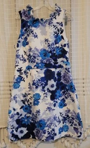 Eliza J White/Blue Fit & Flare Dress lowdrop  Back Belt Lined Size 14Pockets - Picture 1 of 7