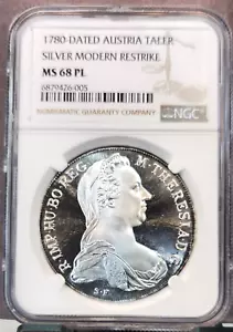 1780 AUSTRIA SILVER 1 TALER MARIA THERESA RESTRIKE NGC MS 68 PL RARE BEAUTY - Picture 1 of 3