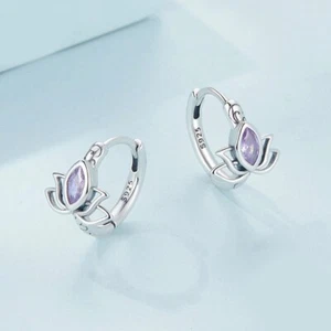 925 Sterling Silver Lotus Marquise CZ Hinged Huggie Hoop Earrings - Picture 1 of 5