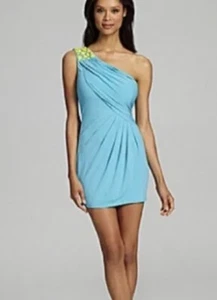 Max & Cleo New Blue One Shoulder Dress Yellow Jeweled Beaded Barbie Formal 0 - Picture 1 of 6