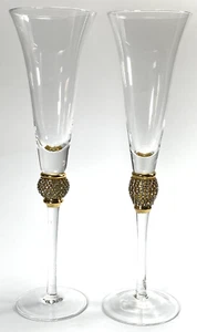Flautas de champán con decoración de piedras preciosas brillantes sobre oro conjunto de 2-11" de alto - Imagen 1 de 24