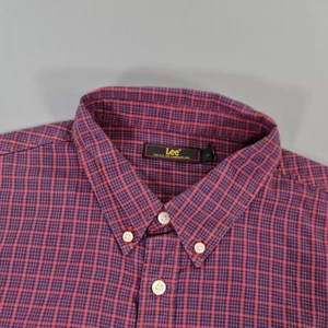 Lee Mens Shirt Red Blue Large Regular Fit Check Long Sleeves Cotton Button Down - Picture 1 of 11