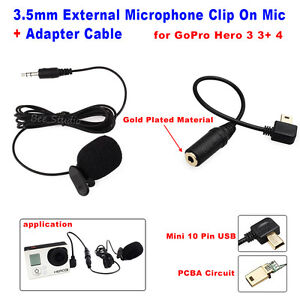3.5mm External Microphone Clip On Mic + Adapter Cable Kit for GoPro Hero 4 3+ 3