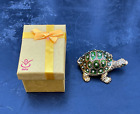 Qifu 3' Jeweled Turtle Pill Stash Snuff Box Enameled Rhinestone Gold Tone + Box