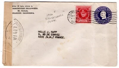 #880 Sousa on Oceanside CA - Nice France Censored WWII 1940  - Image 1 of 2