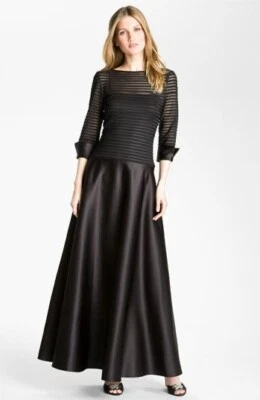 JS COLLECTIONS Black Sheer Illusion Bodice Sleeve Satin Skirt Mock 2pc Dress 8 M - Image 1 of 4