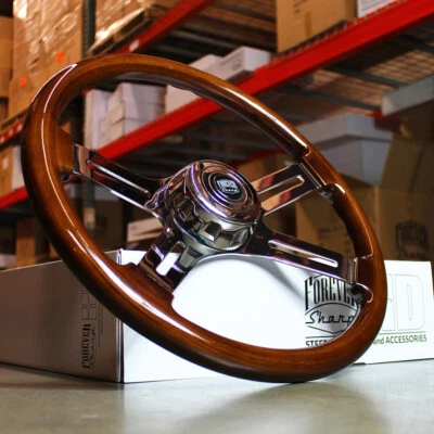 18" Wood Steering Wheel Chrome 4 Spoke Freightliner, Kenworth, Peterbilt, Volvo - Bild 1 von 4