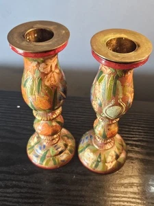 Papier Machie Candleholders Kashmir India Vintage Boho Candle Sticks Urban - Picture 1 of 6