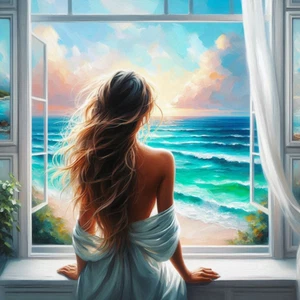 Woman Alone Looking out over Breezy Tropical Sea Beach Poster Print 24 x 24 - Picture 1 of 2