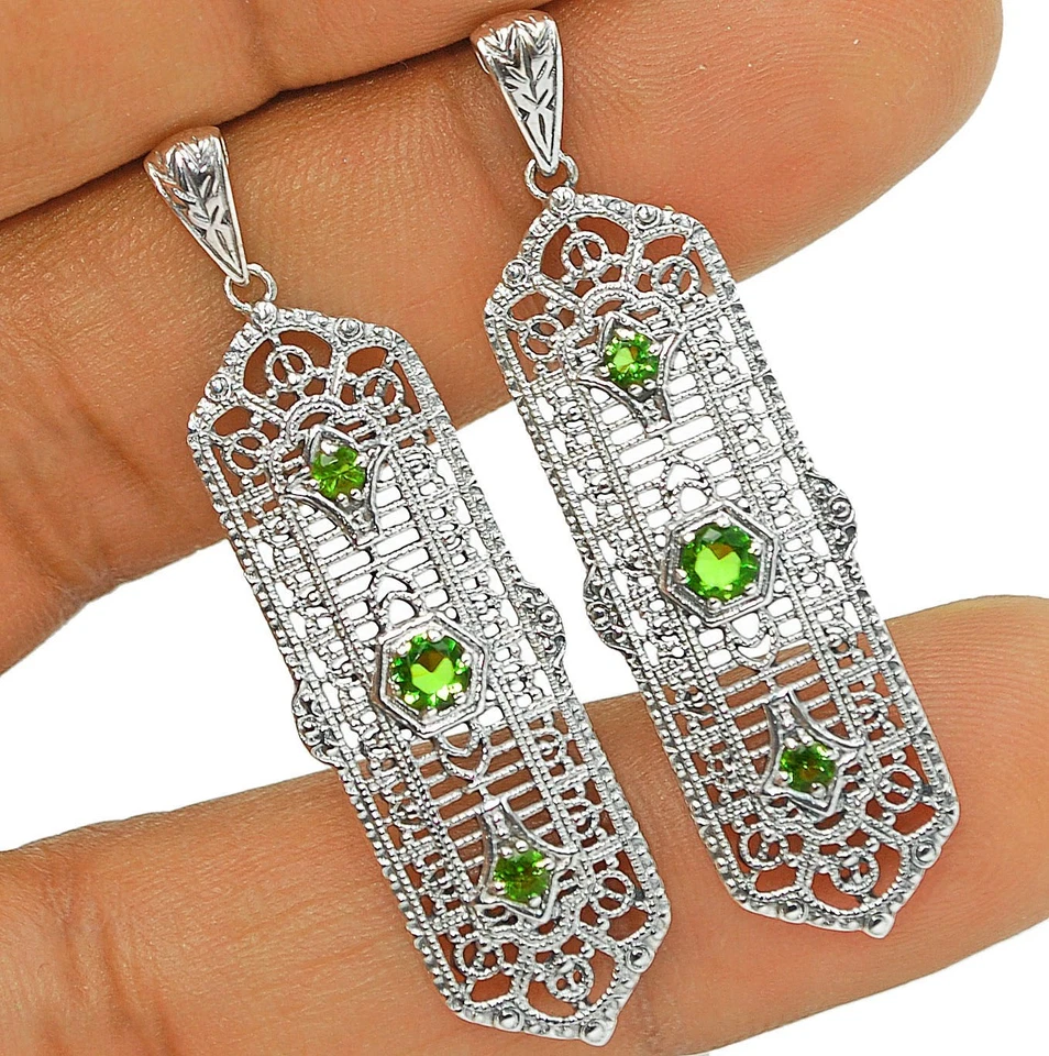 1CT Natural Peridot 925 Solid Sterling Silver Art Deco Earrings NU1-3 - Image 1 of 1
