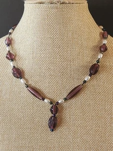 Necklace Purple Glass Bead Necklace With Faux Pearls 16.5" Beads 25mm To 4.2mm - Picture 1 of 6