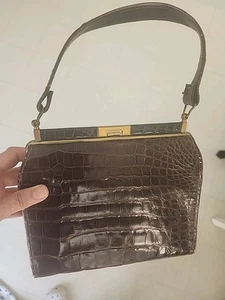 Vintage 1950s 9”x3”x9” Dark Chocolate Crocodile Leather Pinup Purse - Picture 1 of 24