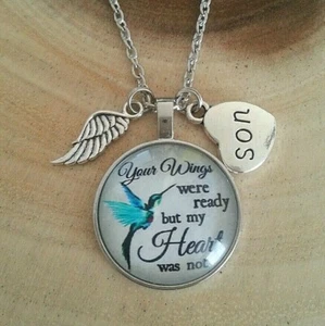 In Memory loss Of Son Angel Wings Memorial Silver Charm Pendant Necklace - Picture 1 of 2