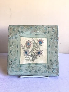 Artisan Hand Painted Green Floral Old World Terracotta Clay Square Tile 8" x 8" - Picture 1 of 13