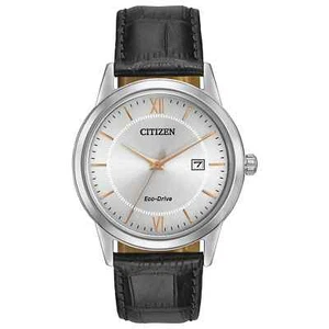 New Citizen Eco-Drive 40mm Silver Case Black Leather Band Men's Watch AW1236-03A - Picture 1 of 2