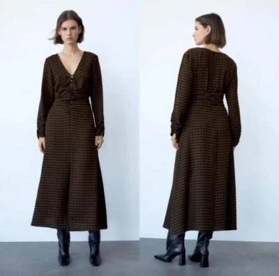 NWOT Zara Maxi Dress Sz S/M Womans Green Black Plaid Checked Long Sleeve V-Neck - Image 1 of 4