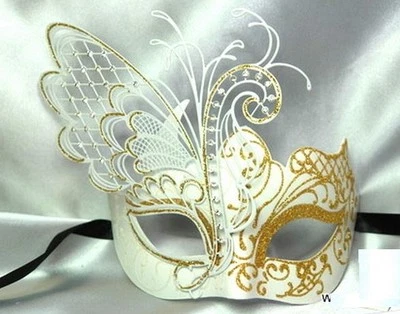 White & Gold Butterfly Masquerade Mask Halloween Ball Mardi Gras Women Mask - Image 1 of 3