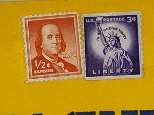 ✅📬Stamps '54 Liberty 3¢ 55 Ben Frank 1/2¢ Tri-State Maker Post Ship UNUSED📸SEE - Picture 1 of 11