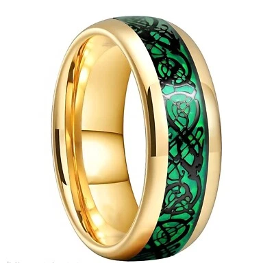 Banda de anillo de carburo de tungsteno con incrustación de dragón verde de fibra de carbono pulido cúpula de 8 mm Foto 1 de 4