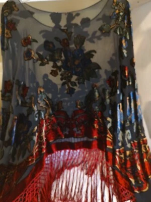 Poncho vintage de terciopelo quemado con flecos, seda, talla única para la mayoría Foto 1 de 4