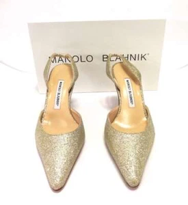 MANOLO BLAHNIK, VINTAGE GOLD GLITTER METALLIC LEATHER SLINGBACK PUMPS, SIZE-3... - Picture 1 of 4