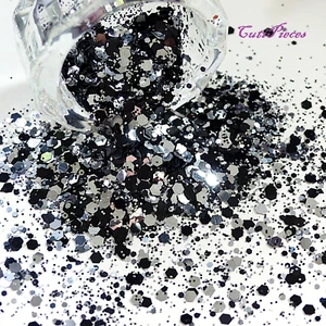 Arte en Uñas Brillo 3D "Noche" Negro Plata Grueso Hexágono Mezcla Metálica 5-15g - Imagen 1 de 3