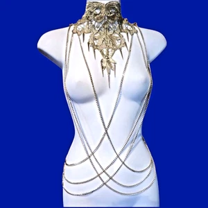 GOLD CHAIN LACE BODY JEWELRY necklace harness yoke collar choker cosplay glam 4Z - Picture 1 of 3